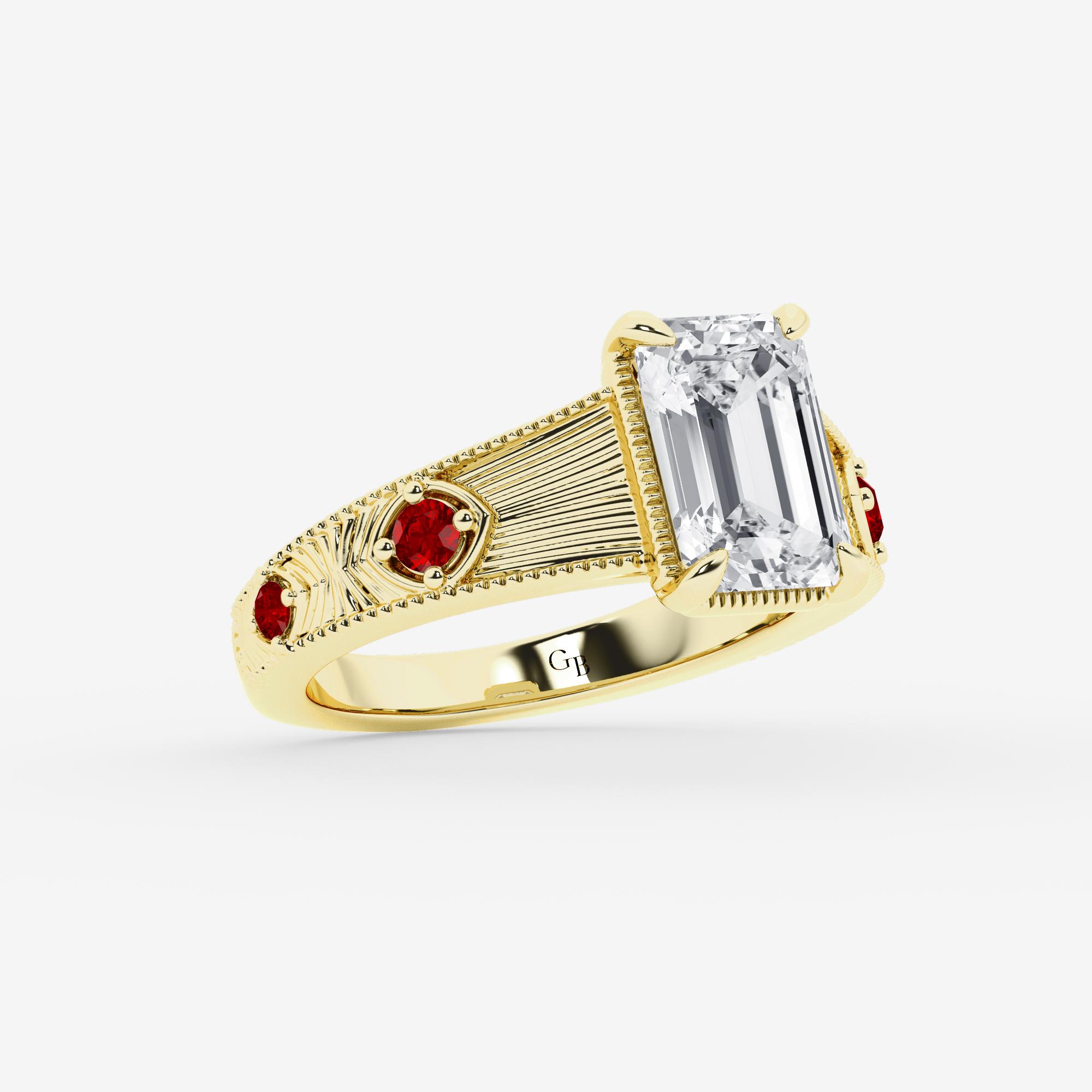 Design ID 10895 - Truly Custom 3 ctw Emerald Lab Grown Diamond and Multi Size Round Shape Created Ruby Side Stone Engagement Ring