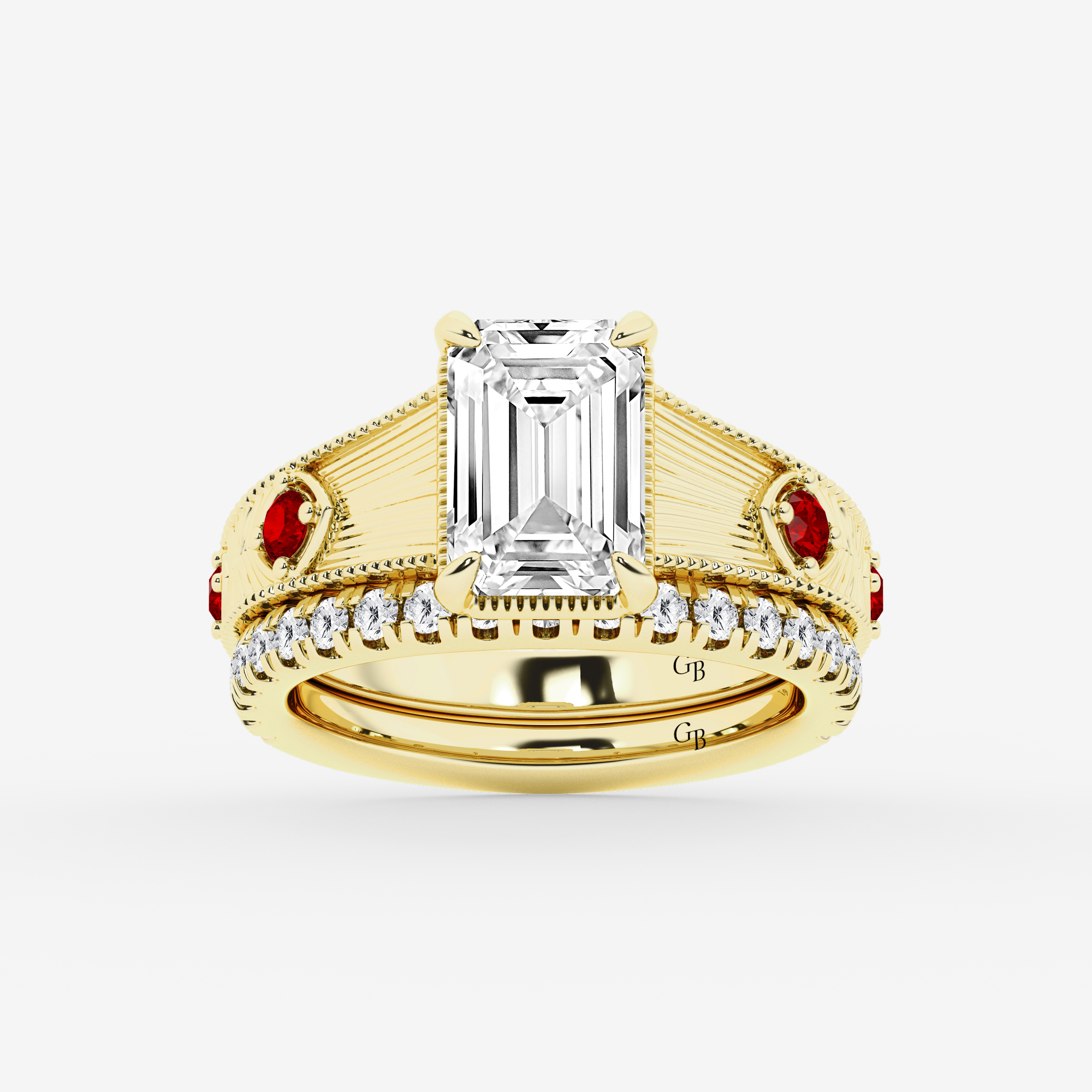 Design ID 10895 - Truly Custom 3 ctw Emerald Lab Grown Diamond and Multi Size Round Shape Created Ruby Side Stone Engagement Ring
