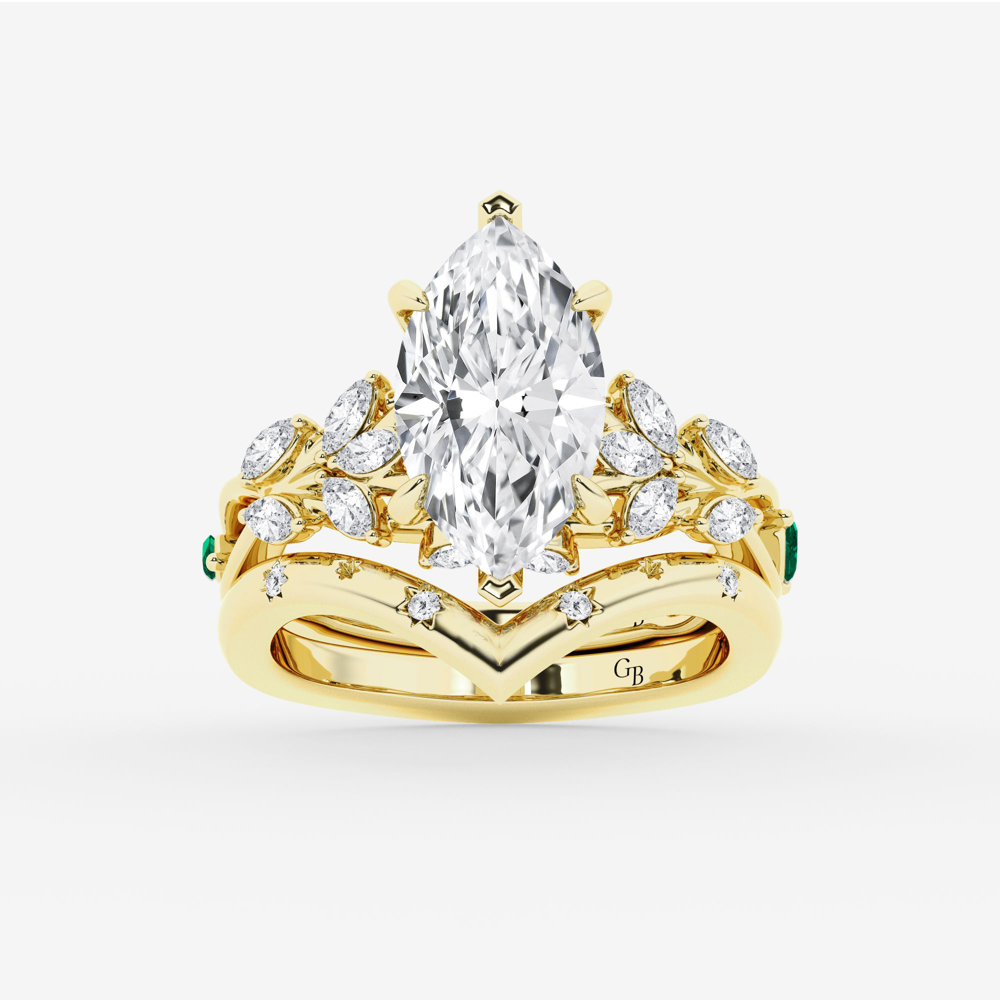 Design ID 9954 - Truly Custom 3 2/5 ctw Marquise Lab Grown Diamond and 3.0 x 1.50mm Marquise Shape Created Emerald Side Stone Engagement Ring Customer Selected Diamond SKU- KD-100759577608