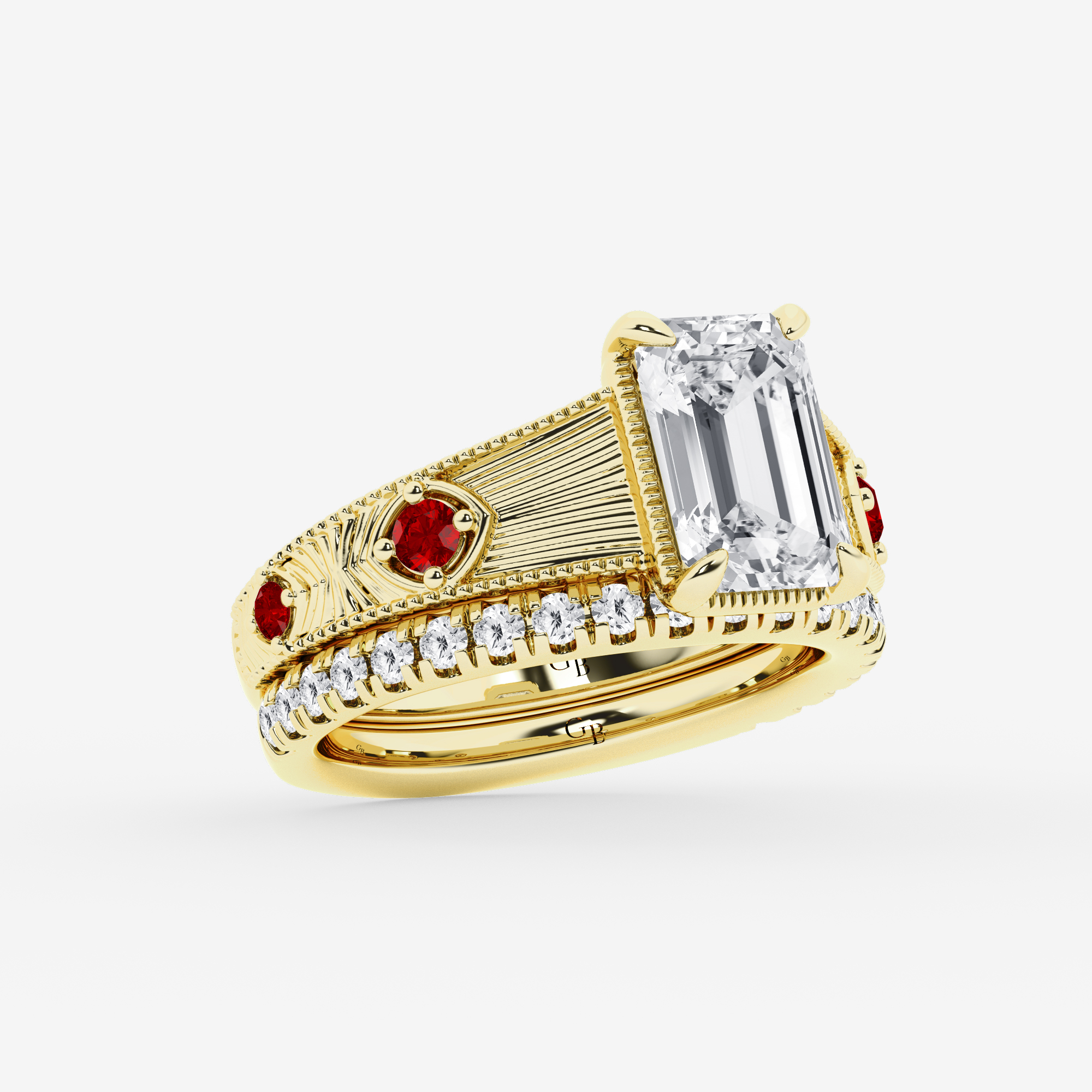 Design ID 10895 - Truly Custom 3 ctw Emerald Lab Grown Diamond and Multi Size Round Shape Created Ruby Side Stone Engagement Ring