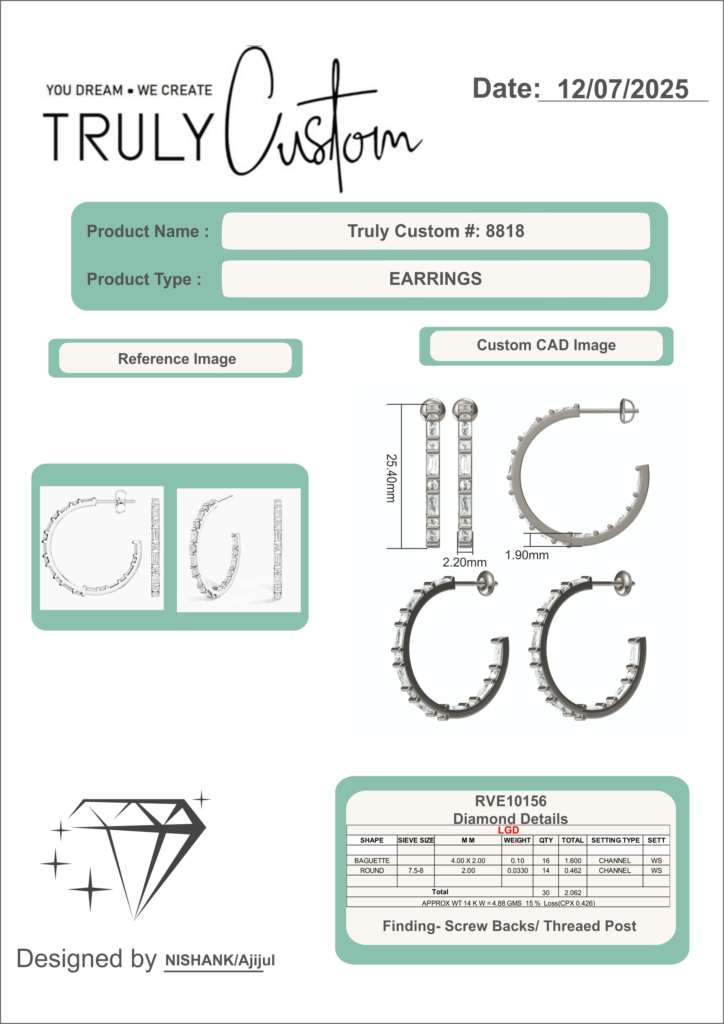 Design ID 8818 -  Truly Custom 2 ctw Round & Baguette Lab Grown Diamond Fashion Earring