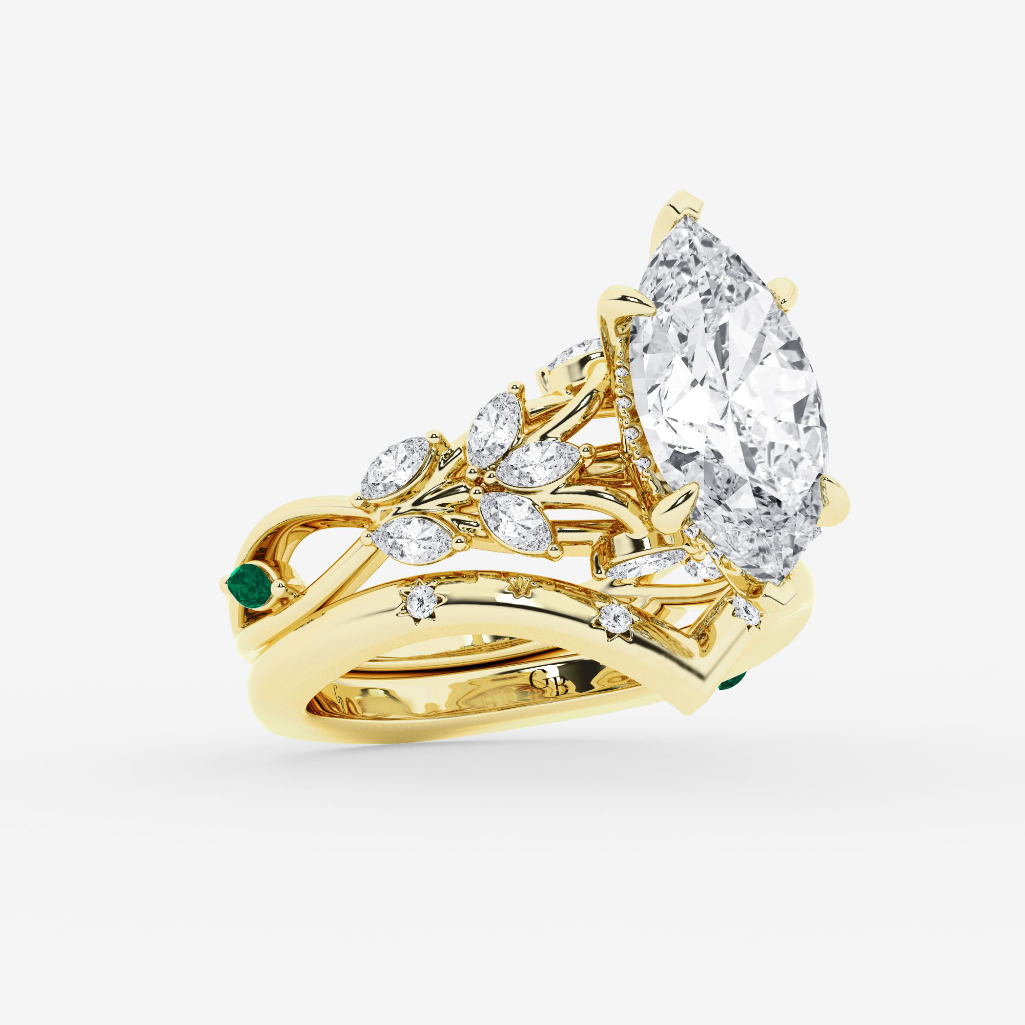 Design ID 9954 - Truly Custom 3 2/5 ctw Marquise Lab Grown Diamond and 3.0 x 1.50mm Marquise Shape Created Emerald Side Stone Engagement Ring Customer Selected Diamond SKU- KD-100759577608