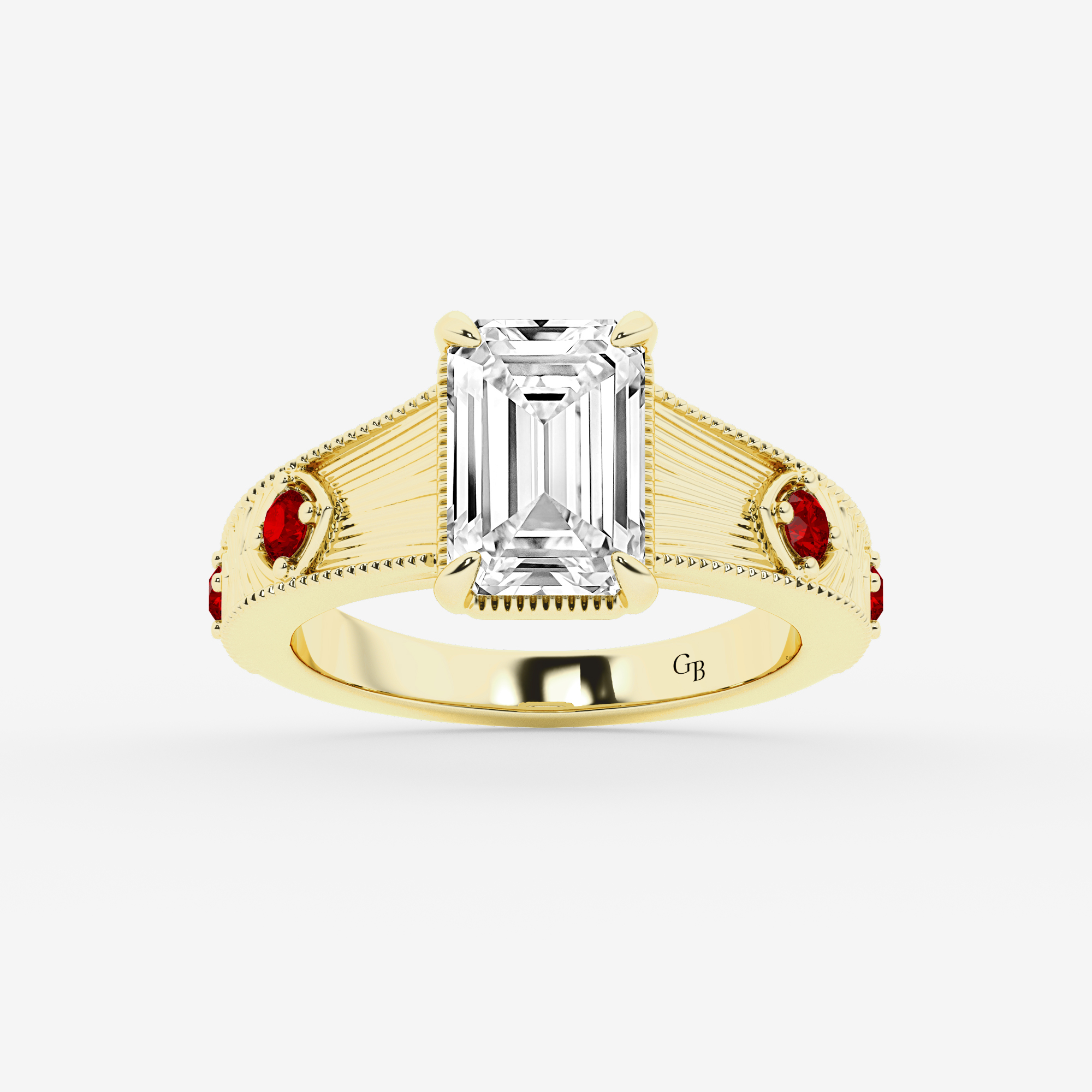 Design ID 10895 - Truly Custom 3 ctw Emerald Lab Grown Diamond and Multi Size Round Shape Created Ruby Side Stone Engagement Ring