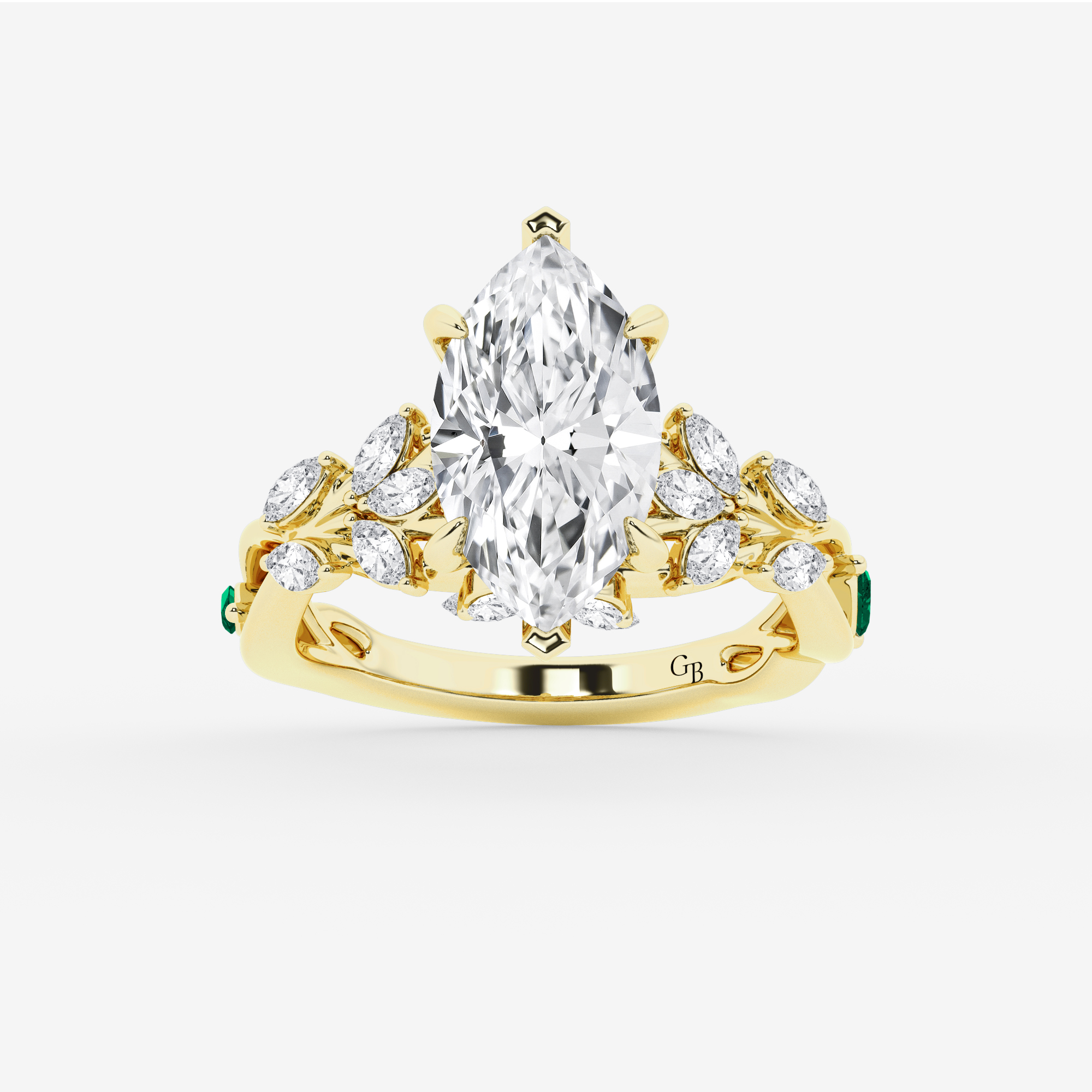 Design ID 9954 - Truly Custom 3 2/5 ctw Marquise Lab Grown Diamond and 3.0 x 1.50mm Marquise Shape Created Emerald Side Stone Engagement Ring Customer Selected Diamond SKU- KD-100759577608