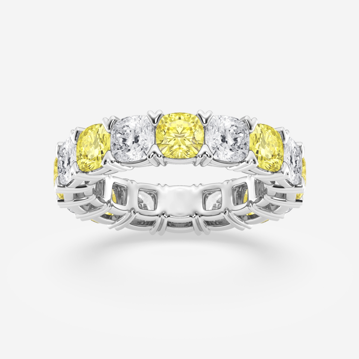 7 ctw Cushion Lab Grown Diamond with Alternating Fancy Yellow V Prong Eternity Band - 4.8mm Width