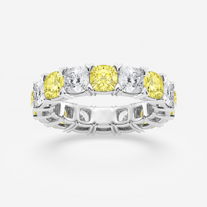 7 ctw Cushion Lab Grown Diamond with Alternating Fancy Yellow V Prong Eternity Band - 4.8mm Width