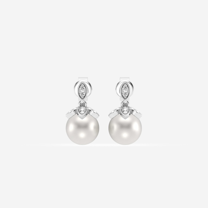 7.5 - 8.0 mm  Cultured Freshwater Pearl and 1/8 ctw Lab Grown Diamond Flower Drop Earrings