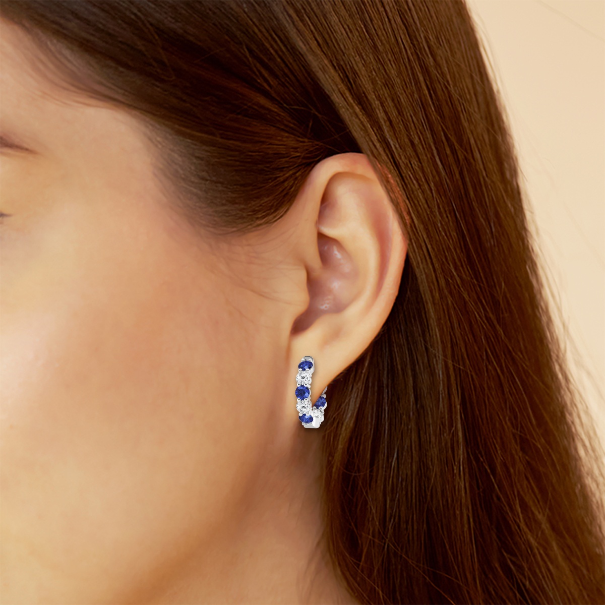 Additional Image 2 for  3.1 mm Round Created Sapphire and 1 ctw Round Lab Grown Diamond Inside Out Hoop Earrings