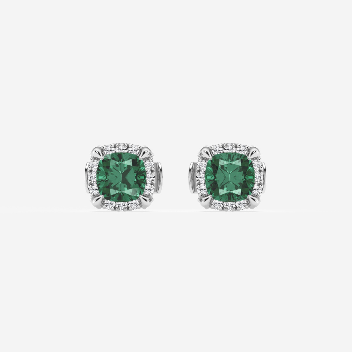 4.60X4.60 mm Cushion Cut Created Emerald and 1/5 ctw Round Lab Grown Diamond Shadow Halo Stud Earrings