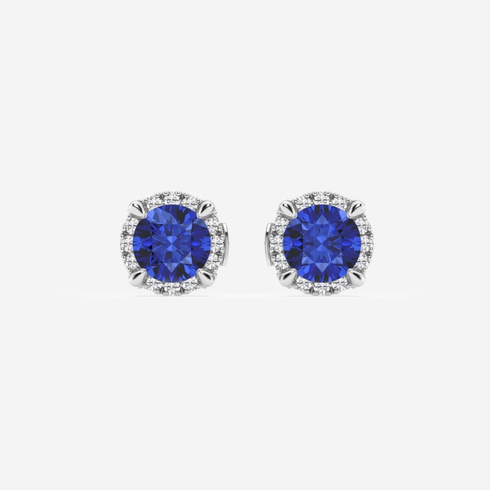 5.1 mm Round Created Sapphire and 1/5 ctw Round Lab Grown Diamond Shadow Halo Stud Earrings