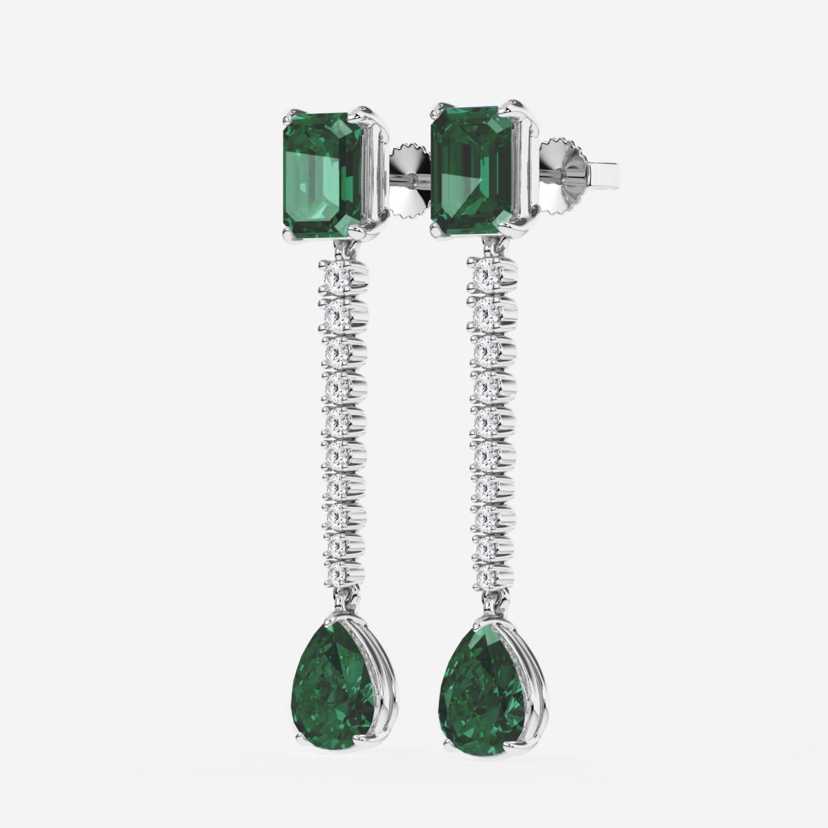 Additional Image 1 for  9X7mm Emerald Cut, 10x8mm Pear Cut Created Emerald and 3/4 ctw Round Lab Grown Diamond Linear Earrings