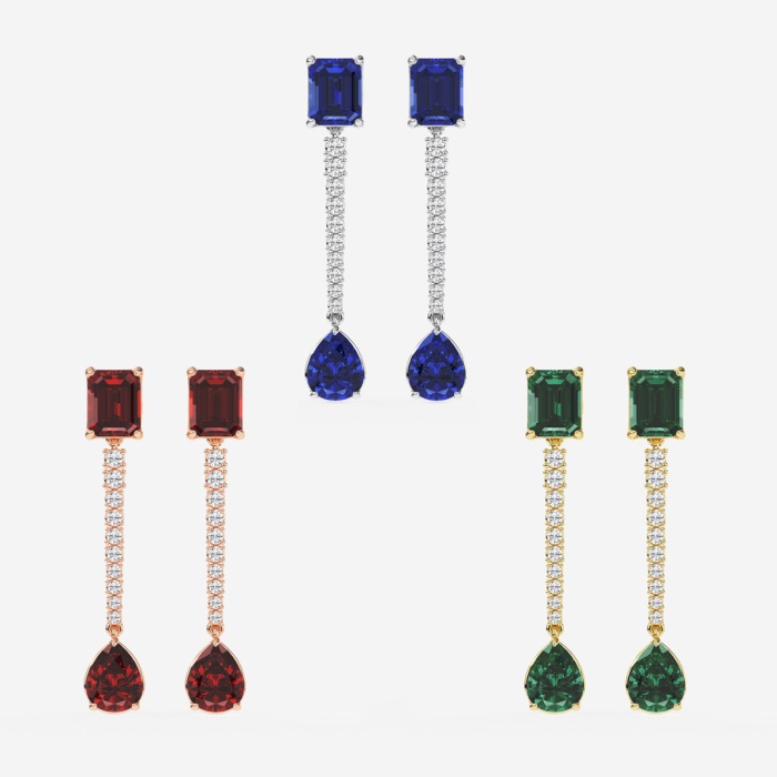 9X7mm Emerald Cut, 10x8mm Pear Cut Created Emerald and 3/4 ctw Round Lab Grown Diamond Linear Earrings