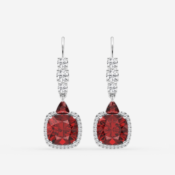 8mm Cushion, 3.5mm Trillion Cut Created Ruby and 5/8 ctw Round Lab Grown Diamond Drop Earrings