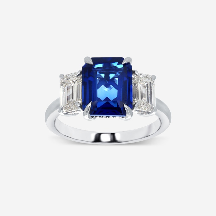 10X8mm Emerald Cut Created Sapphire and 1 7/8 ctw Round Lab Grown Diamond Three-Stone Engagement Ring