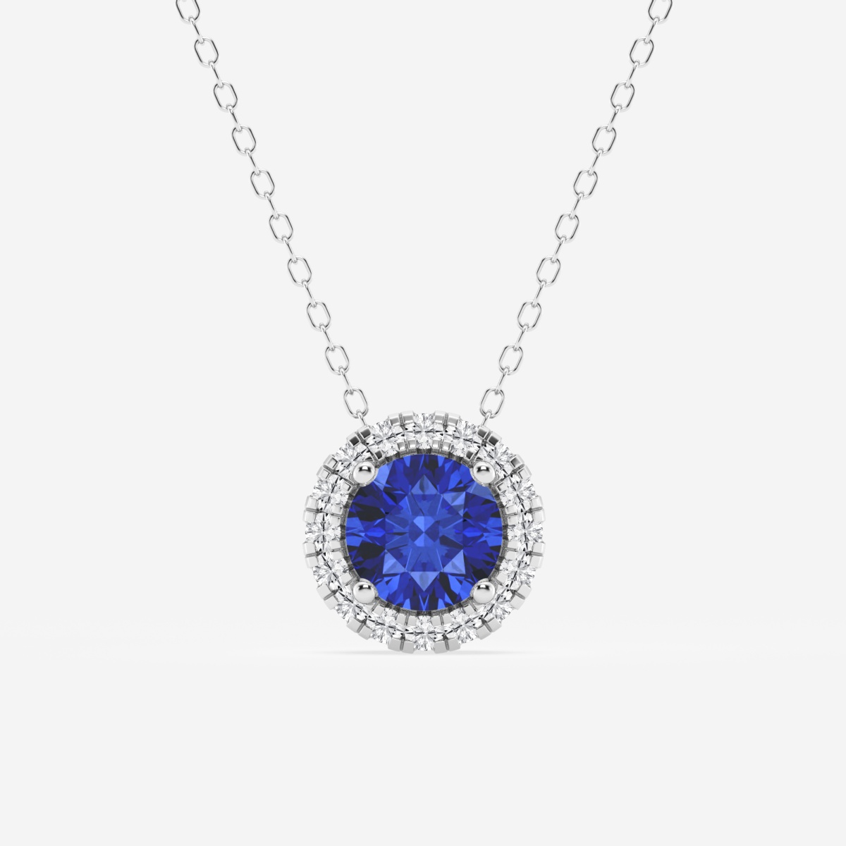 6.5 mm Round Created Sapphire and 1/5 ctw Round Lab Grown Diamond Halo Pendant with Adjustable Chain