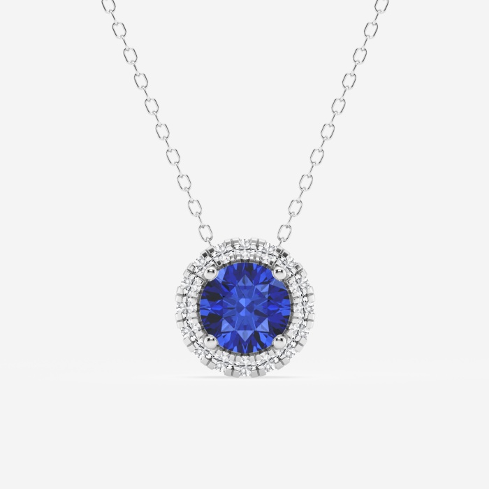 6.5 mm Round Created Sapphire and 1/5 ctw Round Lab Grown Diamond Halo Pendant with Adjustable Chain
