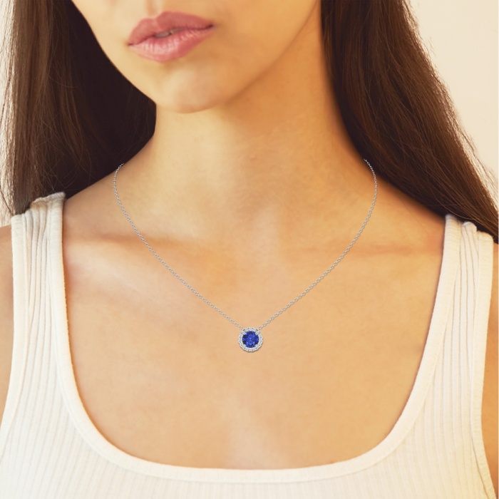Additional Image 2 for  6.5 mm Round Created Sapphire and 1/5 ctw Round Lab Grown Diamond Halo Pendant with Adjustable Chain