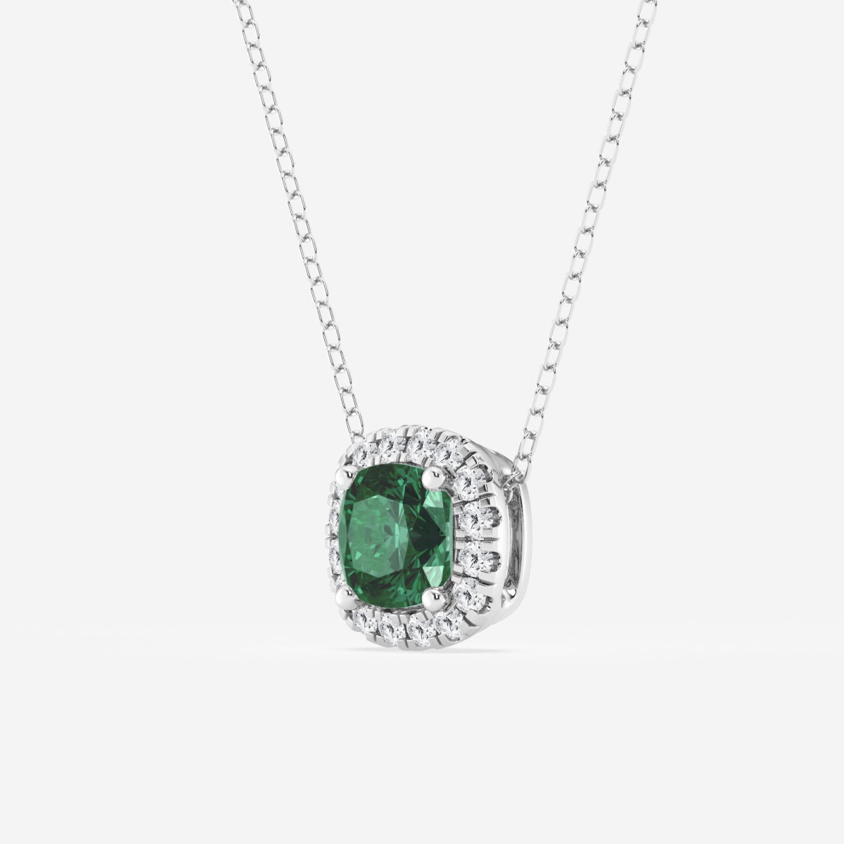 Additional Image 1 for  5.7x5.5 mm Cushion Cut Created Emerald and 1/5 ctw Round Lab Grown Diamond Halo Pendant with Adjustable Chain