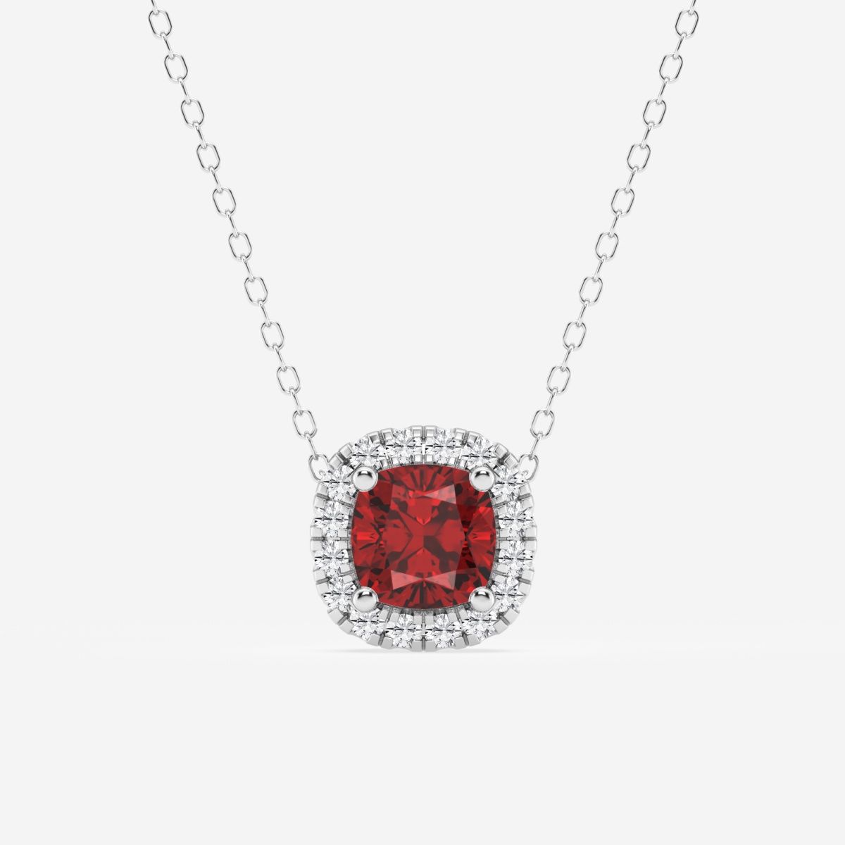 5.7x5.5 mm Cushion Cut Created Ruby and 1/5 ctw Round Lab Grown Diamond Halo Pendant with Adjustable Chain