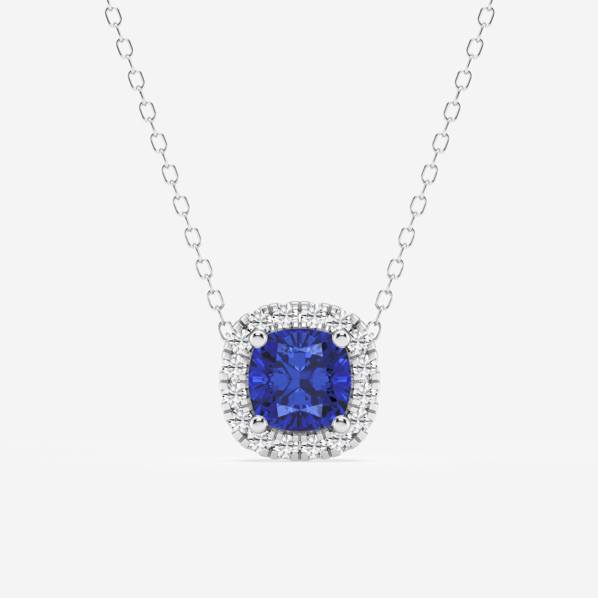 5.7x5.5 mm Cushion Cut Created Sapphire and 1/5 ctw Round Lab Grown Diamond Halo Pendant with Adjustable Chain