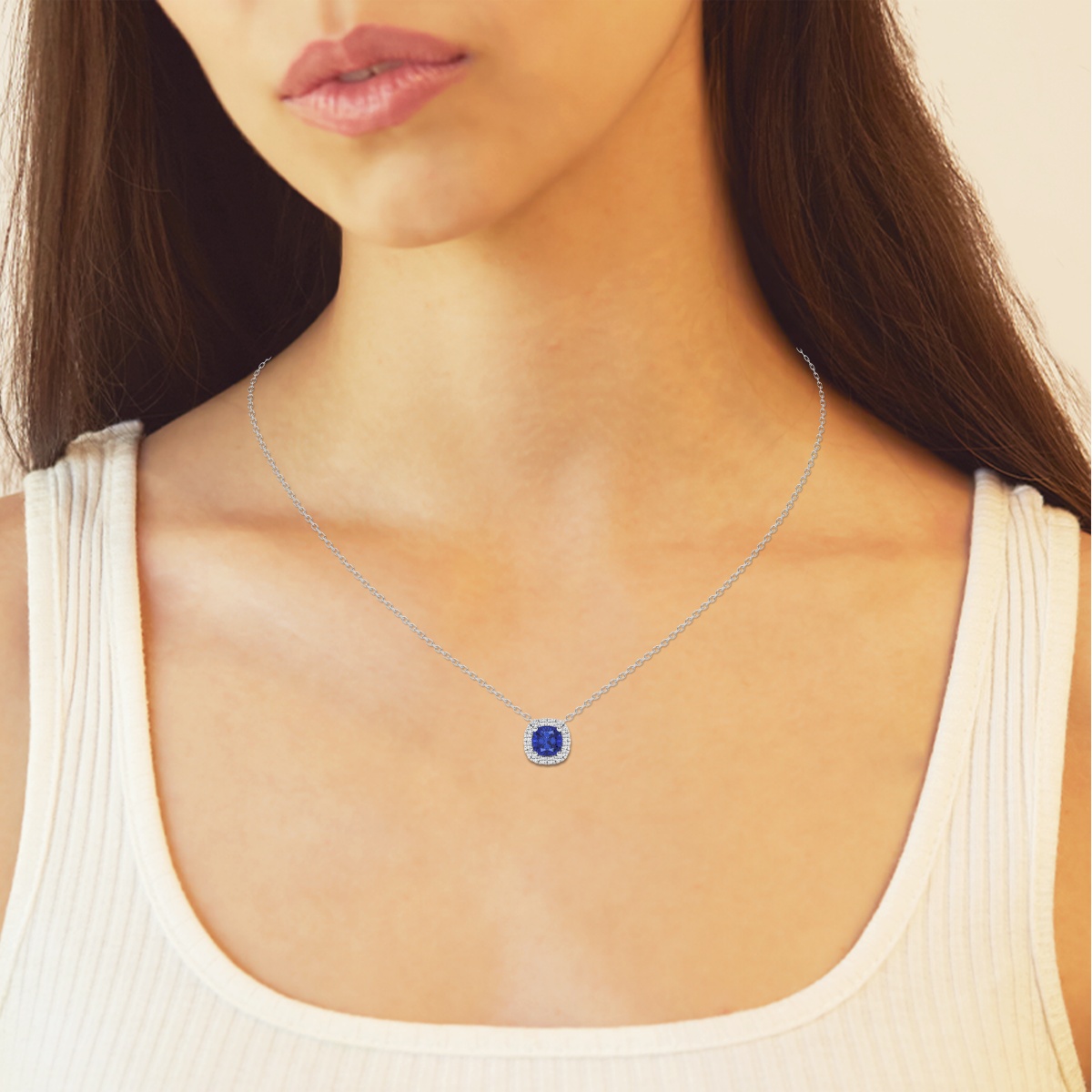 Additional Image 2 for  5.7x5.5 mm Cushion Cut Created Sapphire and 1/5 ctw Round Lab Grown Diamond Halo Pendant with Adjustable Chain