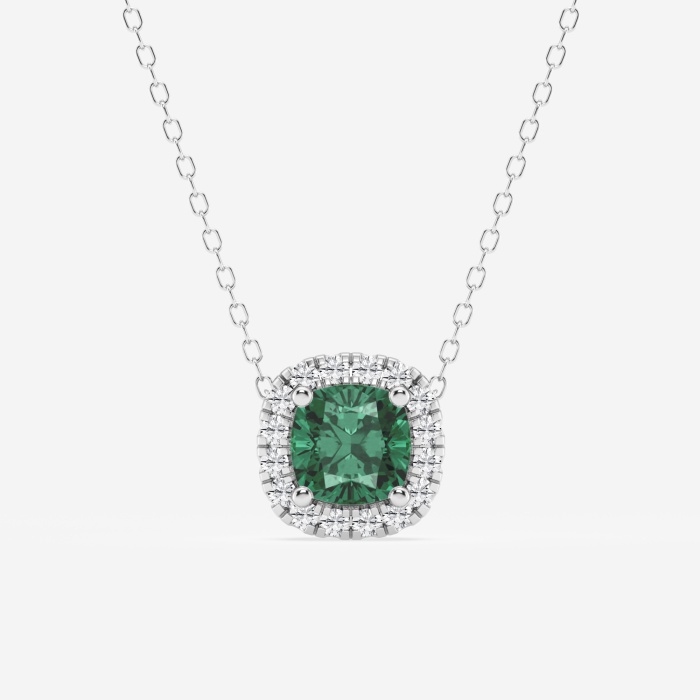 5.7x5.5 mm Cushion Cut Created Emerald and 1/5 ctw Round Lab Grown Diamond Halo Pendant with Adjustable Chain