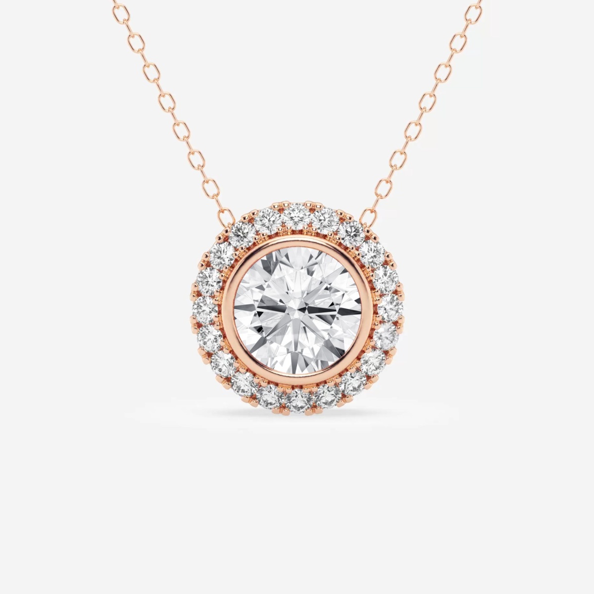 product video for 2 1/4 ctw Round Lab Grown Diamond Bezel Set Halo Pendant with Adjustable Chain