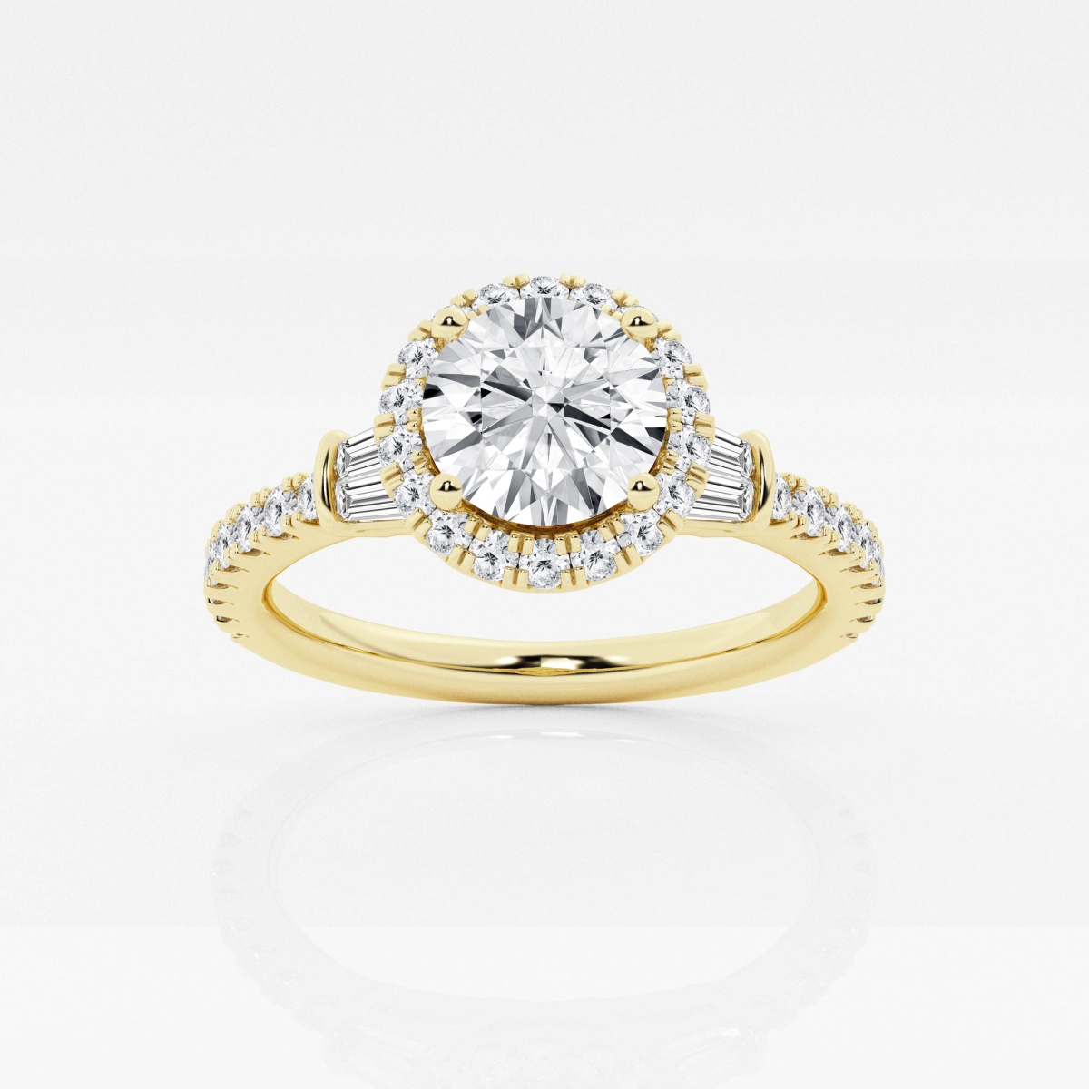 1 1/3 ctw Round Lab Grown Diamond Double Baguette Halo Engagement Ring 14K  Yellow Gold, FG, VS2+