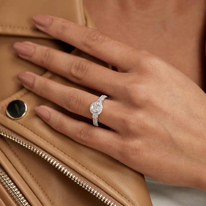Double Row Side Stones Cushion Halo Engagement Ring