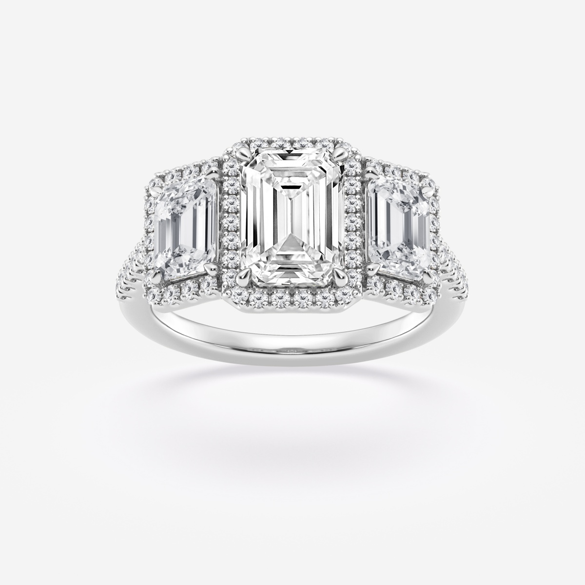 3 3/4 ctw Emerald Lab Grown Diamond Three Stone Halo Engagement Ring