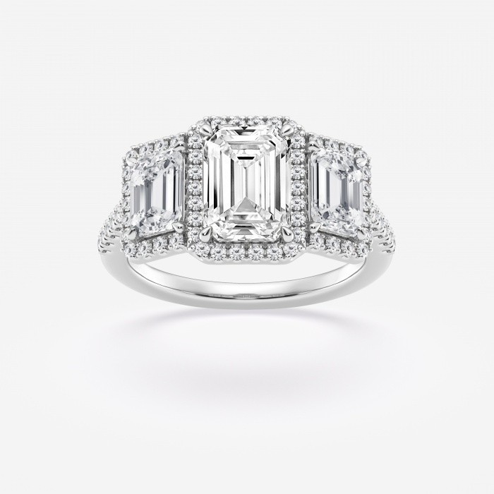 3 3/4 ctw Emerald Lab Grown Diamond Three Stone Halo Engagement Ring