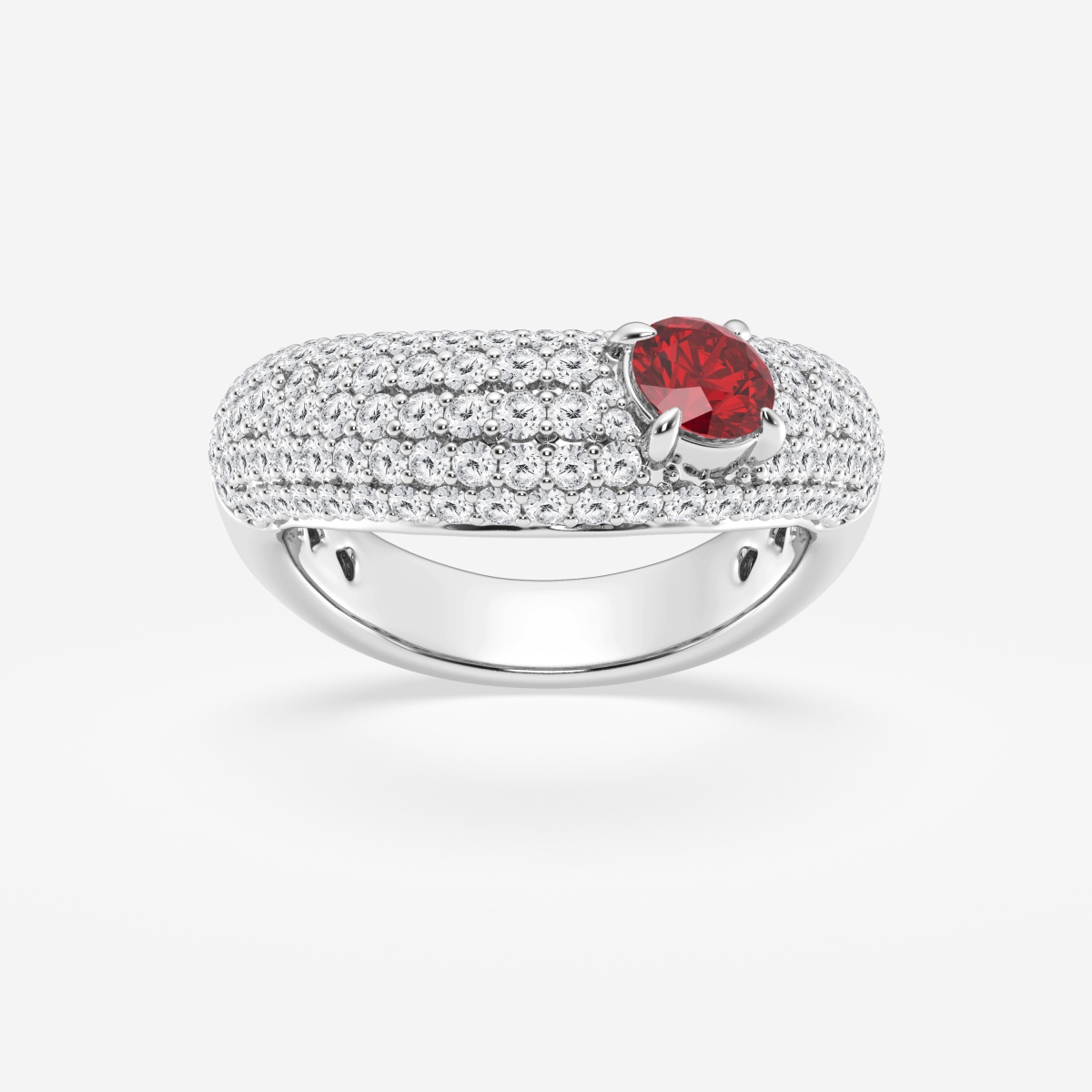 anello alla moda con rubino creato a taglio rotondo da 5,2 mm e diamante rotondo coltivato in laboratorio a forma di mezzaluna con pavé da 1 ctw