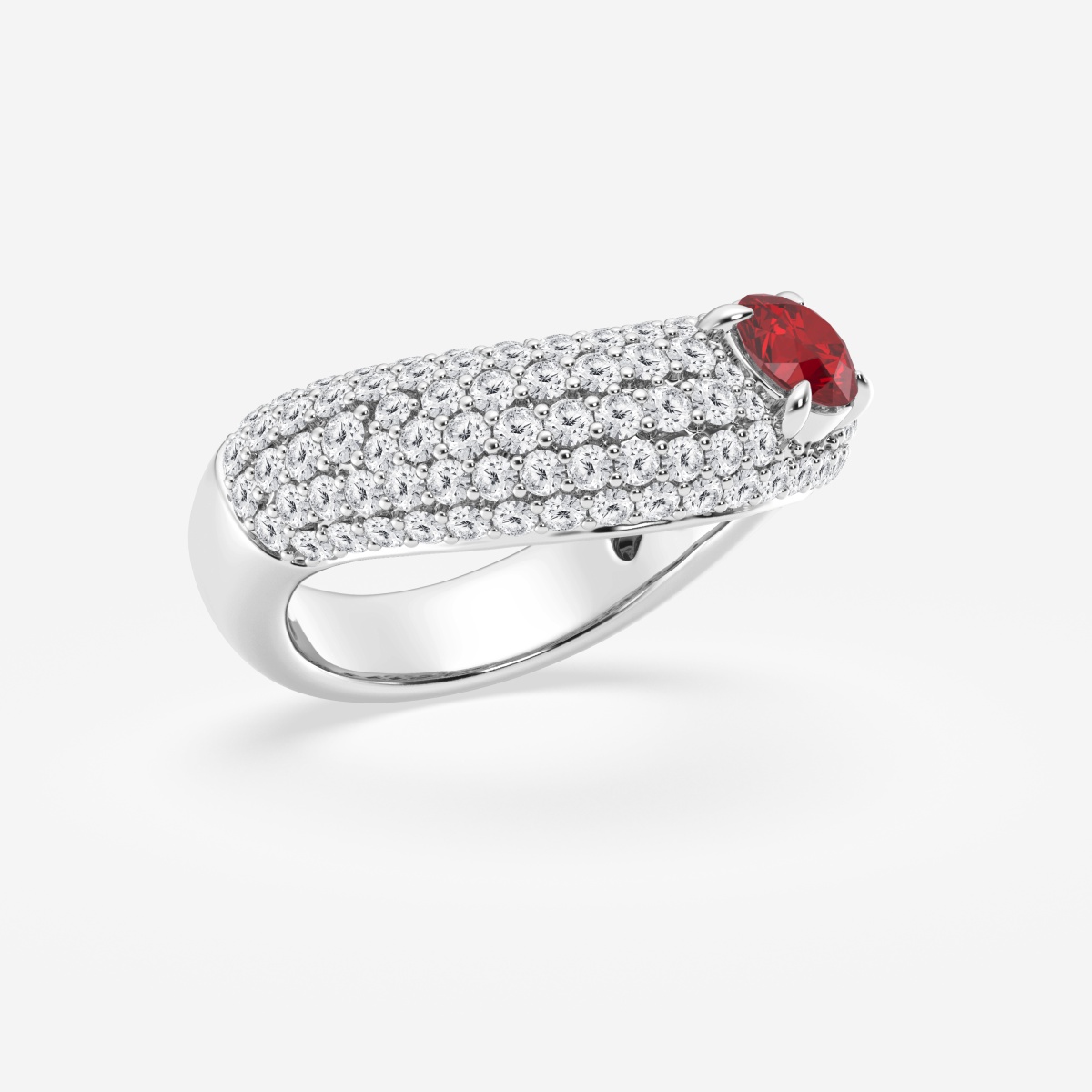 Extra afbeelding 2 voor 5,2 mm Round Cut Created Ruby en 1 ctw Round Lab Grown Diamond Crescent Shape Pave Fashion Ring