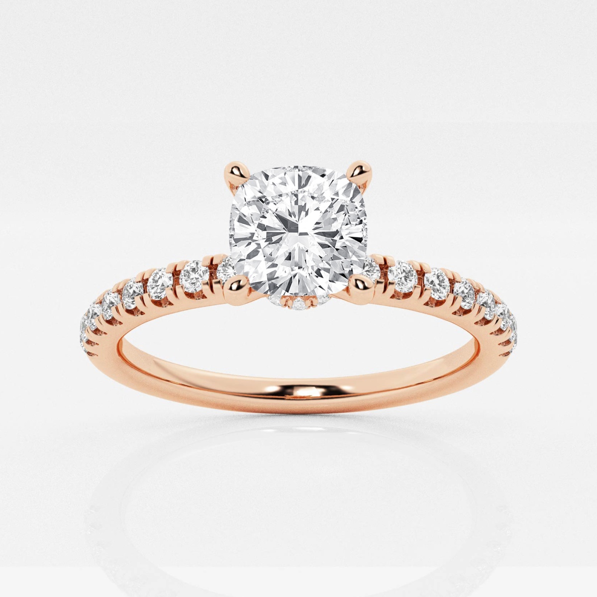 3.56 Carats Lab Grown Elongated Cushion Cut Micropaved Side Stones Hidden Halo Diamond Engagement Ring 7.75 / 14K Rose Gold