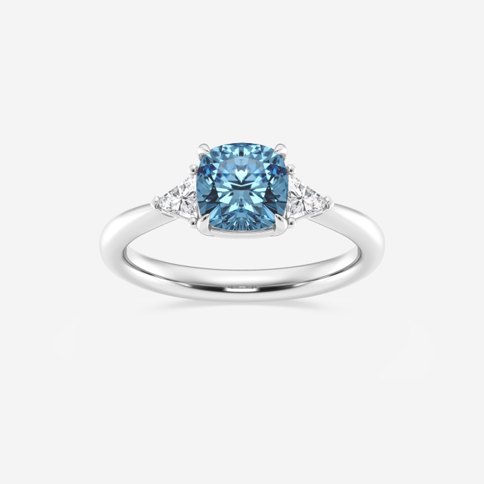 Fancy Blue With Trillion Cushion Three Stone Engagement Ring