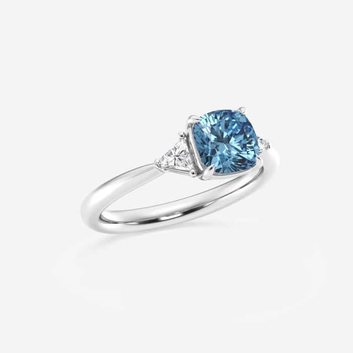 Fancy Blue With Trillion Cushion Three Stone Engagement Ring