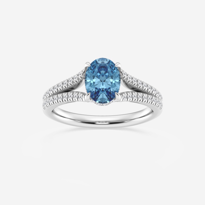 Fancy Blue Split Shank Oval Solitaire Engagement Ring with Side Accents
