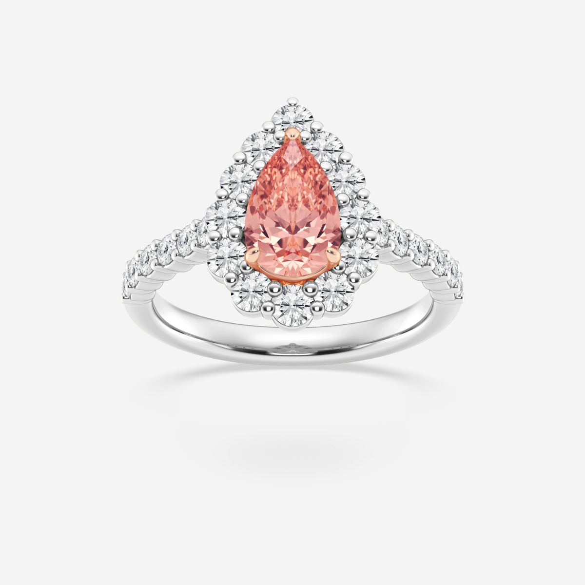 anello di fidanzamento Halo con diamante coltivato Pear Lab da 2 ctw di colore rosa fantasia con montatura a griffe