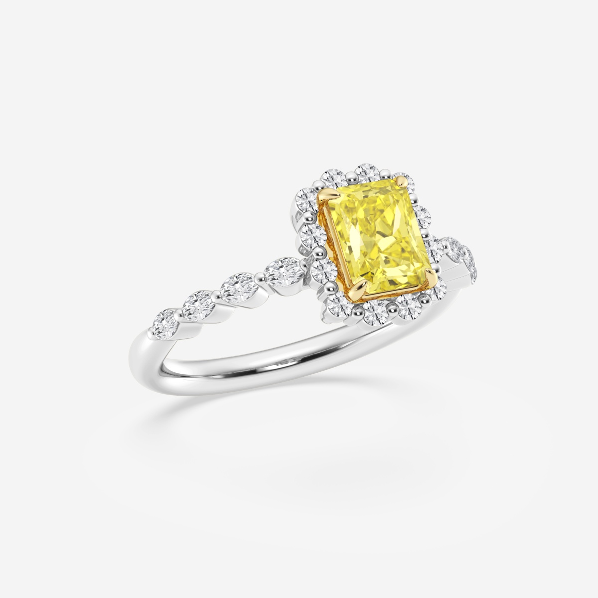 1 1/2 ctw Radiant Lab Grown Diamond Fancy Yellow Floating Diamond Halo  Engagement Ring 14K Two-Tone White and Yellow Gold
