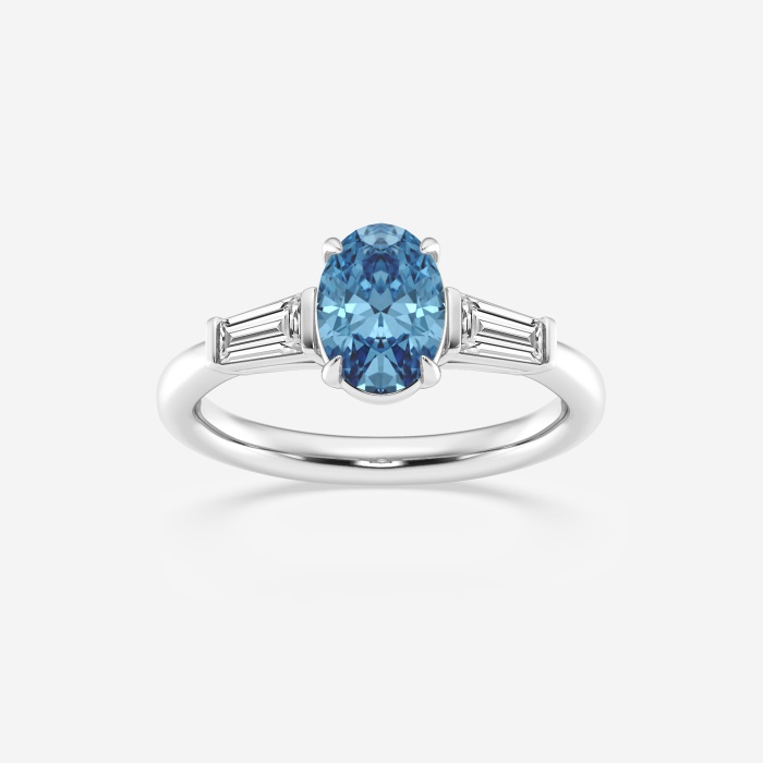 Fancy Blue With Tapered Baguettes Oval Three Stone Engagement Ring