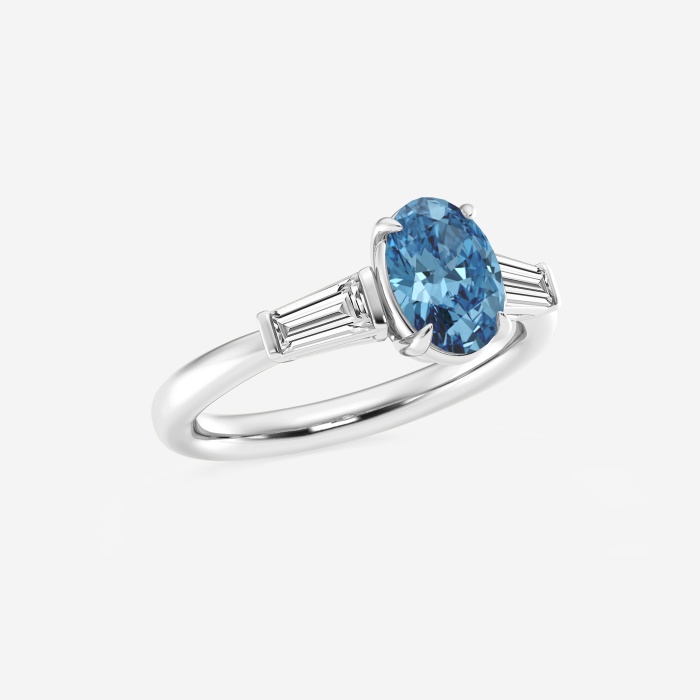 Fancy Blue With Tapered Baguettes Oval Three Stone Engagement Ring
