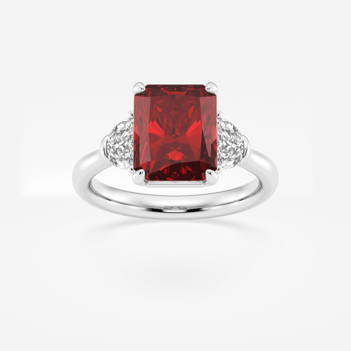 10x8mm Radiant Cut Created Ruby and 5/8 ctw Lab Grown Diamond Three-Stone Engagement Ring