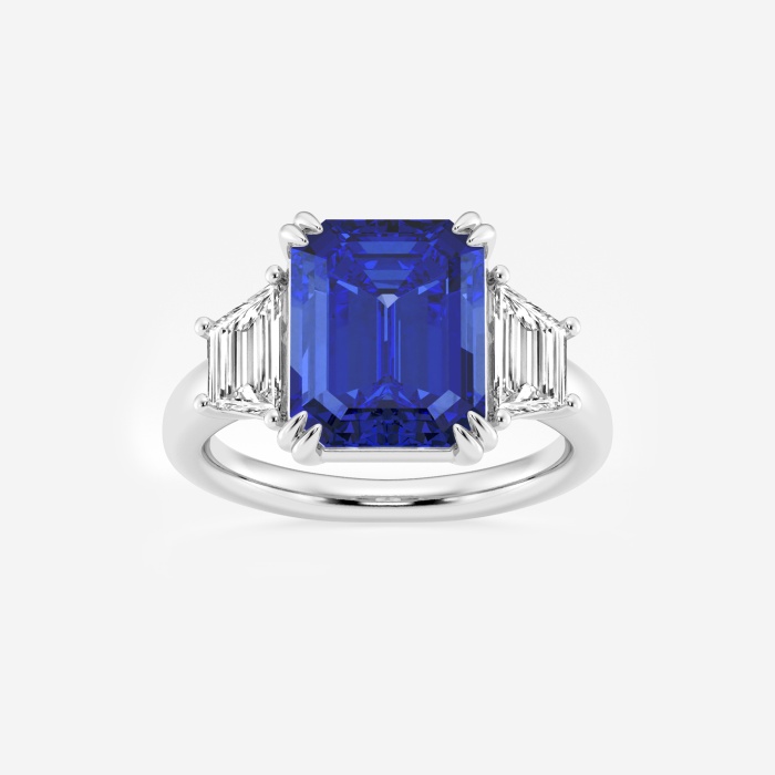 6 ctw Emerald Cut Sapphire and Trapezoid Lab Grown Diamond Three-Stone Engagement Ring