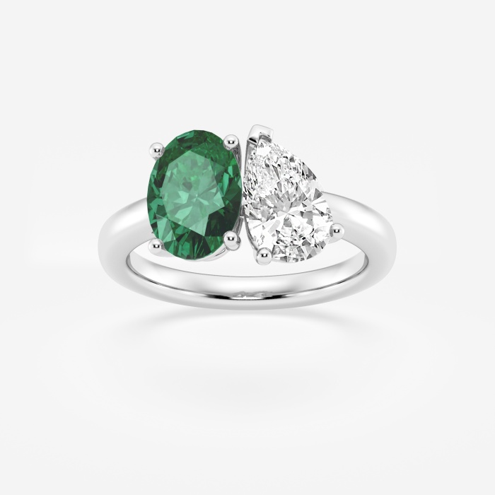 9x7mm Oval Cut Created Emerald and 1 1/2 ctw Pear Cut Lab Grown Diamond Two Stone Engagement Ring