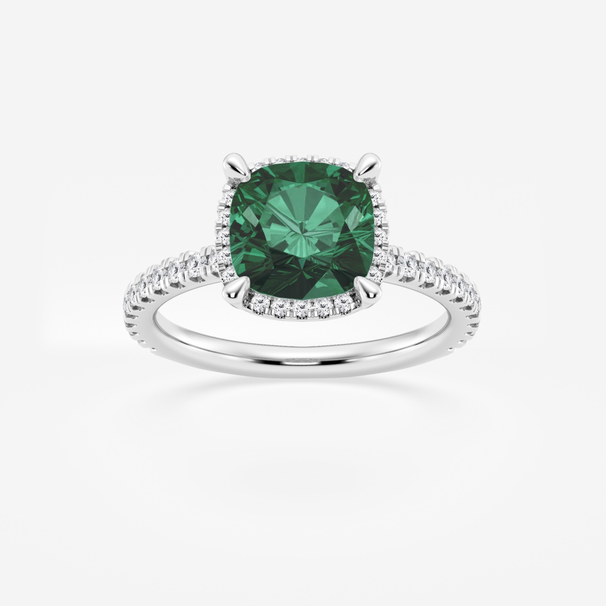 8 mm Cushion Cut Created Emerald and 2/5 ctw Lab Grown Diamond Halo Engagement Ring