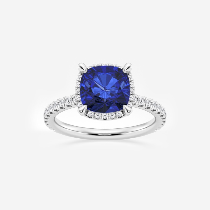 8 mm Cushion Cut Created Sapphire and 2/5 ctw Lab Grown Diamond Halo Engagement Ring