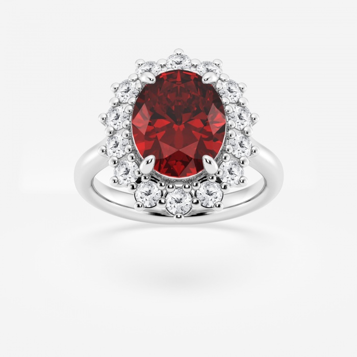 11x9 mm Oval Cut Created Ruby and 7/8 ctw Lab Grown Diamond Halo Engagement Ring