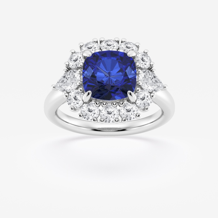 8 mm Cushion Cut Created Sapphire and 1 1/3 ctw Round and Pear Lab Grown Diamond Halo Engagement Ring