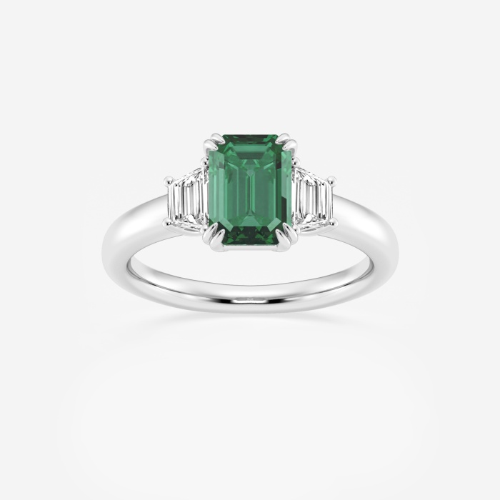 2 1/6 ctw Emerald Cut Emerald and Trapezoid Lab Grown Diamond Three-Stone Engagement Ring