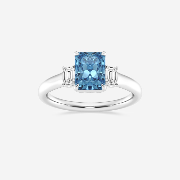 Fancy Blue With Side Emerald Cuts Radiant Three Stone Engagement Ring